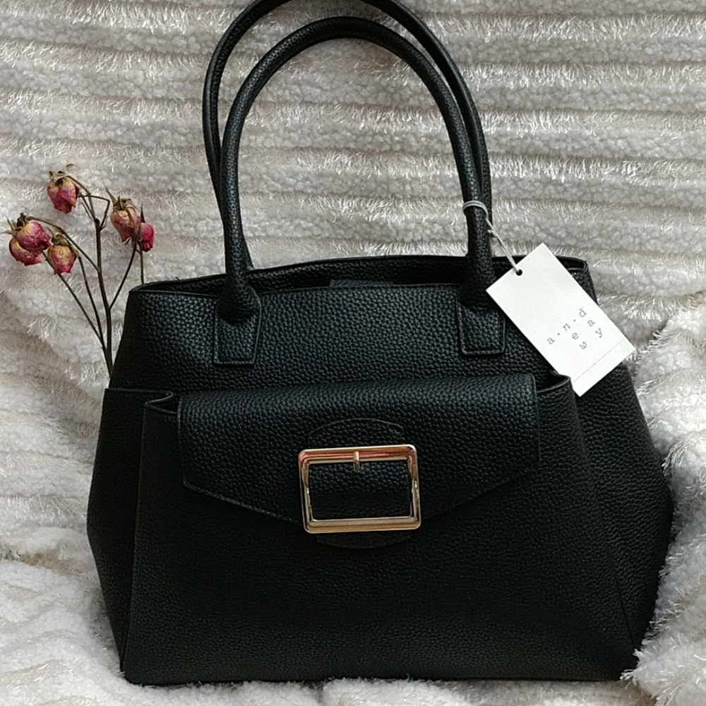 NEW A New Day Pebbled Vegan Leather Purse Bag Satchel Expandable Side Snap Black